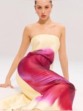 Abercrombie & Fitch Strapless Satin Dress in Cream and Pink-Red Ombre